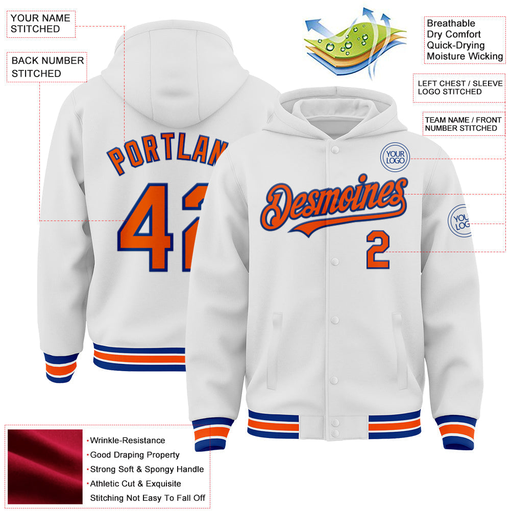 Custom White Orange-Royal Bomber Full-Snap Varsity Letterman Hoodie Jacket view 3