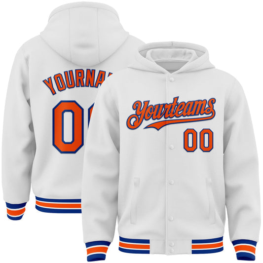 Custom White Orange-Royal Bomber Full-Snap Varsity Letterman Hoodie Jacket - Main View