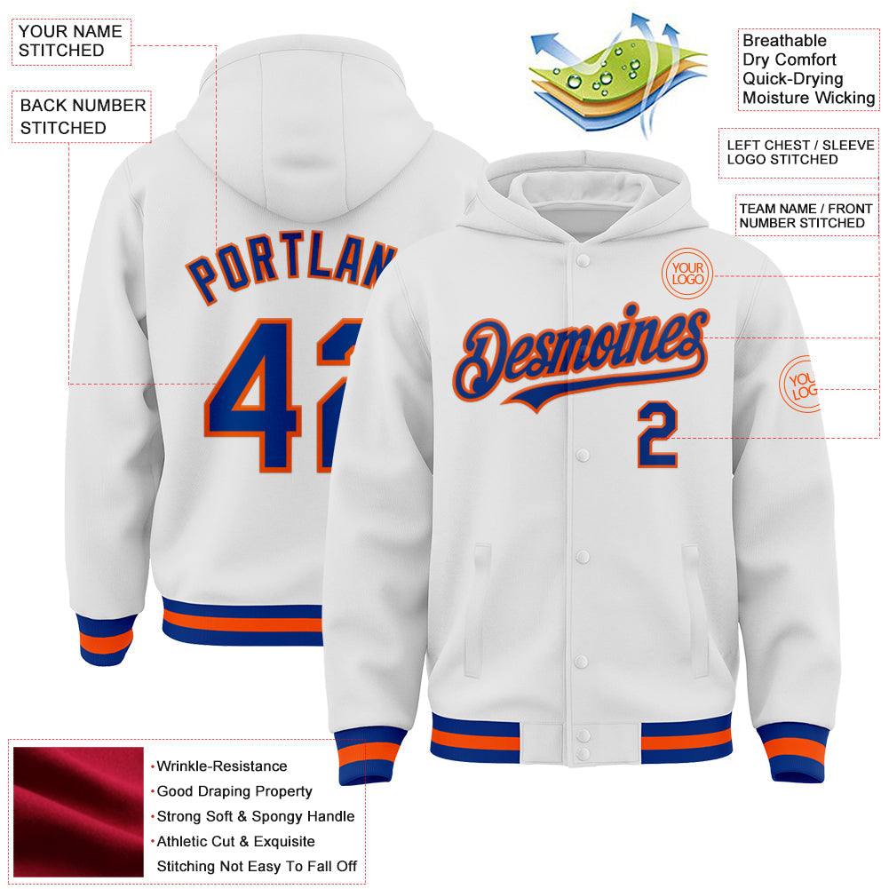 Custom White Royal-Orange Bomber Full-Snap Varsity Letterman Hoodie Jacket view 3