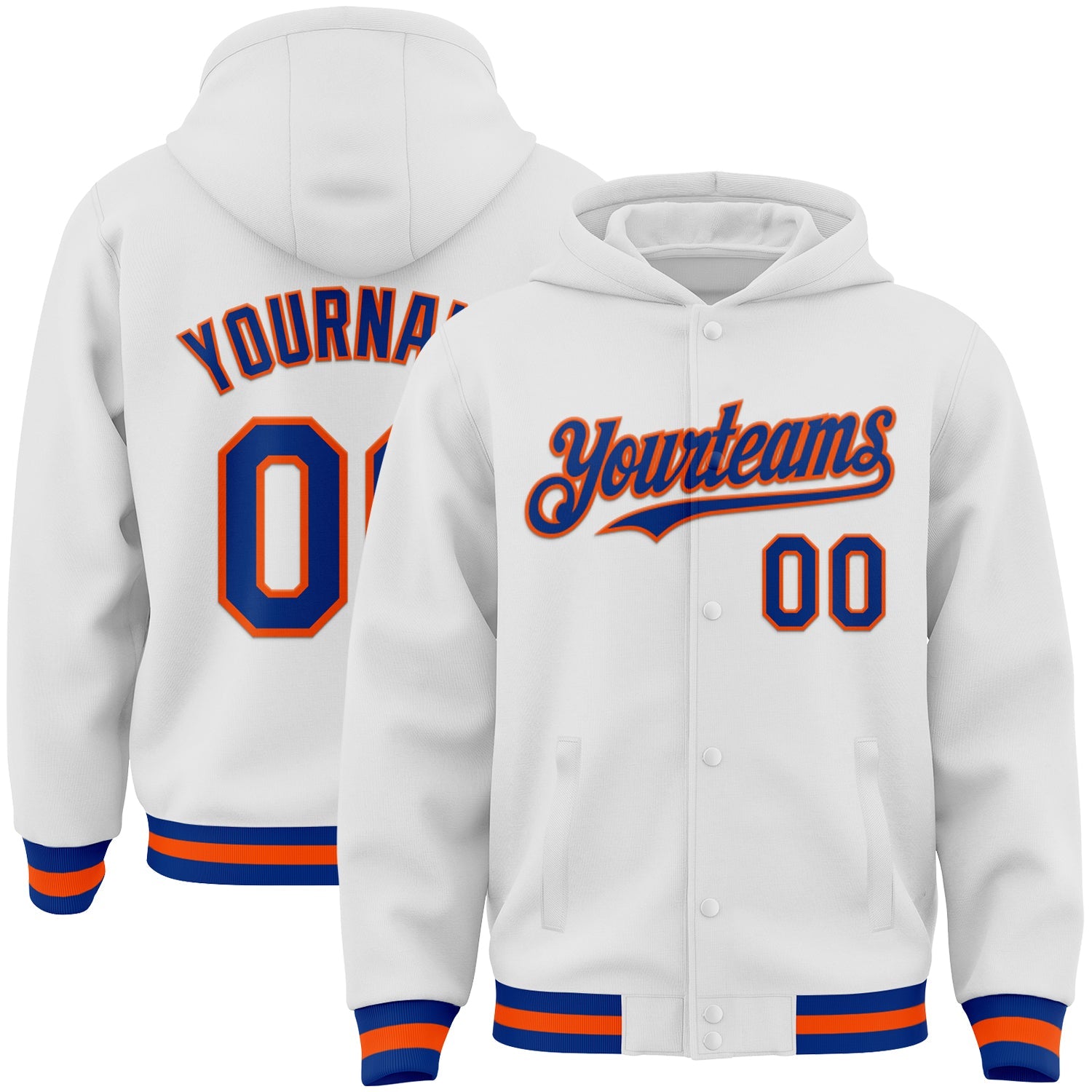 Custom White Royal-Orange Bomber Full-Snap Varsity Letterman Hoodie Jacket - Main View