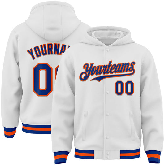 Custom White Royal-Orange Bomber Full-Snap Varsity Letterman Hoodie Jacket - Main View