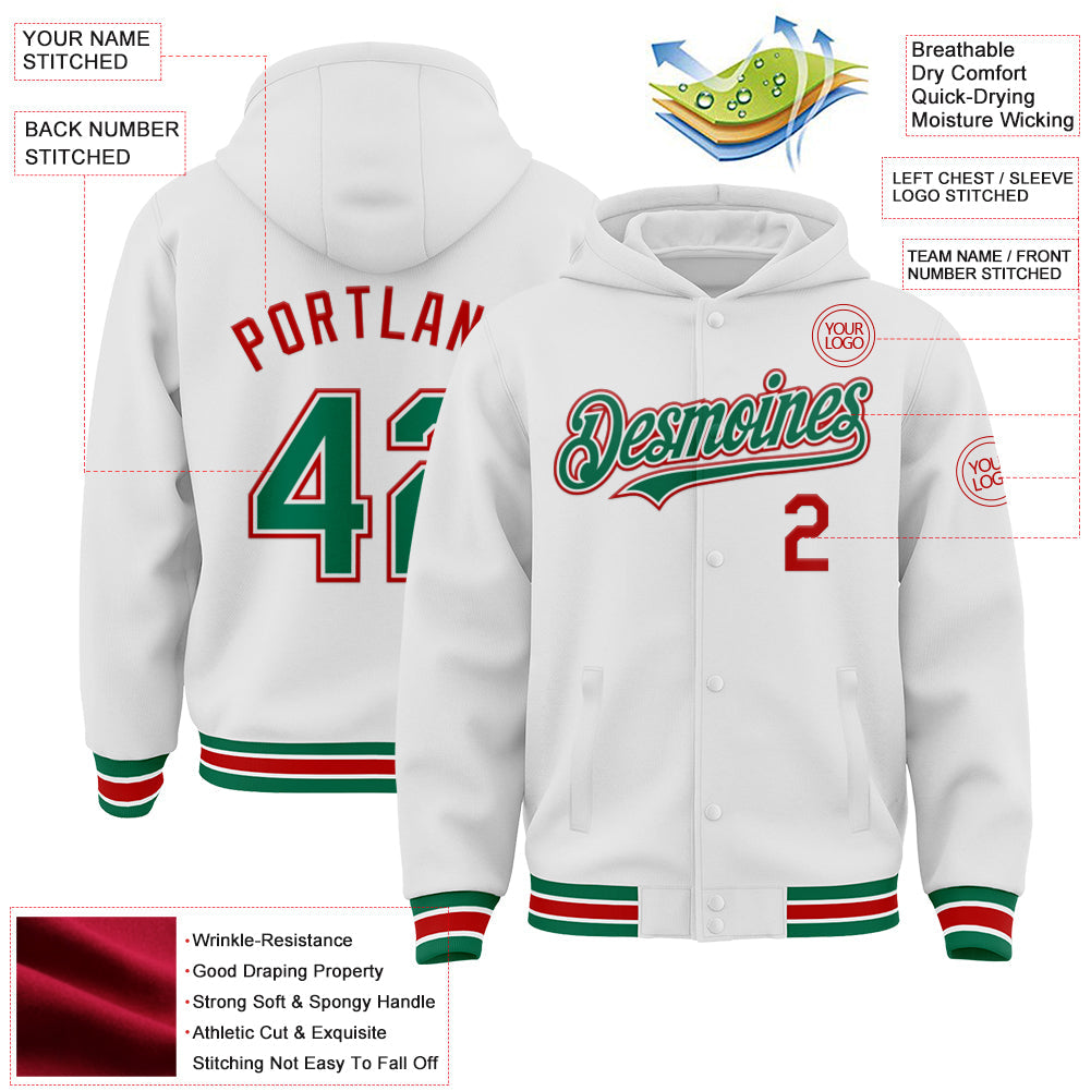 Custom White Kelly Green-Red Bomber Full-Snap Varsity Letterman Hoodie Jacket view 3