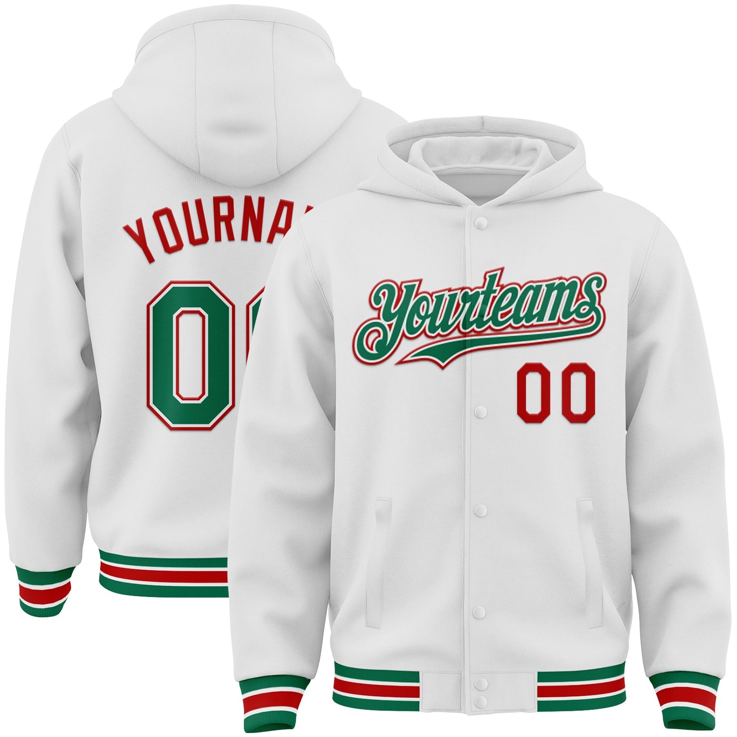 Custom White Kelly Green-Red Bomber Full-Snap Varsity Letterman Hoodie Jacket - Main View