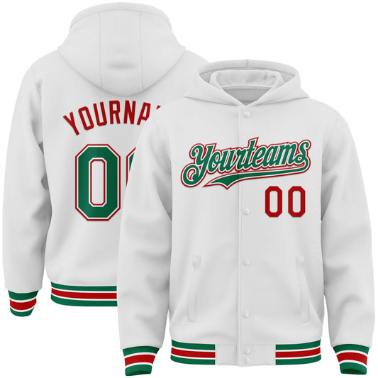 Custom White Kelly Green-Red Bomber Full-Snap Varsity Letterman Hoodie Jacket - Main View