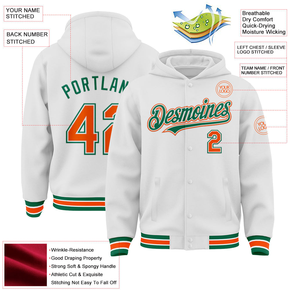 Custom White Orange-Kelly Green Bomber Full-Snap Varsity Letterman Hoodie Jacket view 3