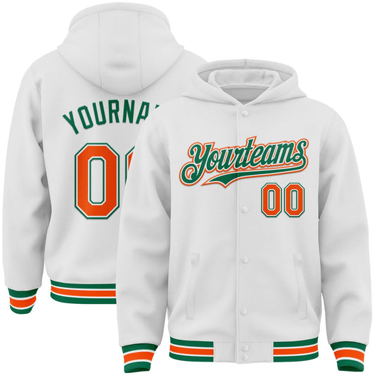 Custom White Orange-Kelly Green Bomber Full-Snap Varsity Letterman Hoodie Jacket - Main View