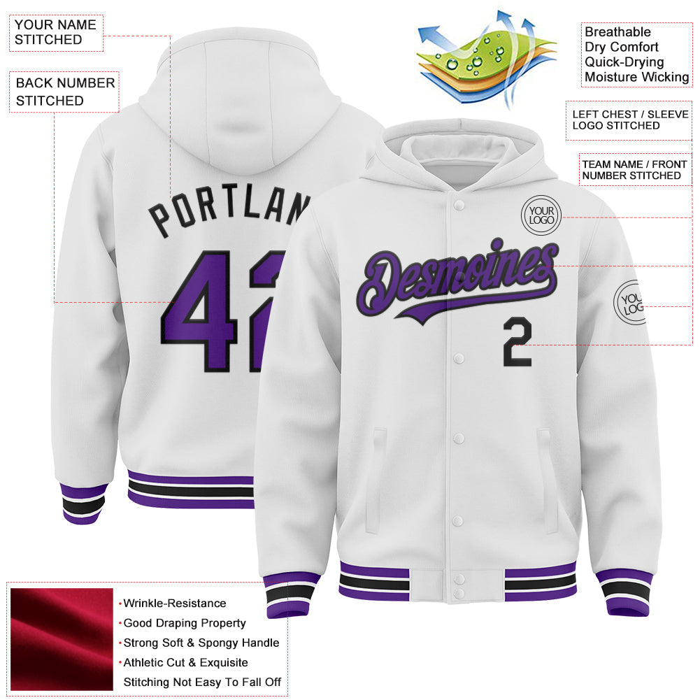 Custom White Purple-Black Bomber Full-Snap Varsity Letterman Hoodie Jacket view 3