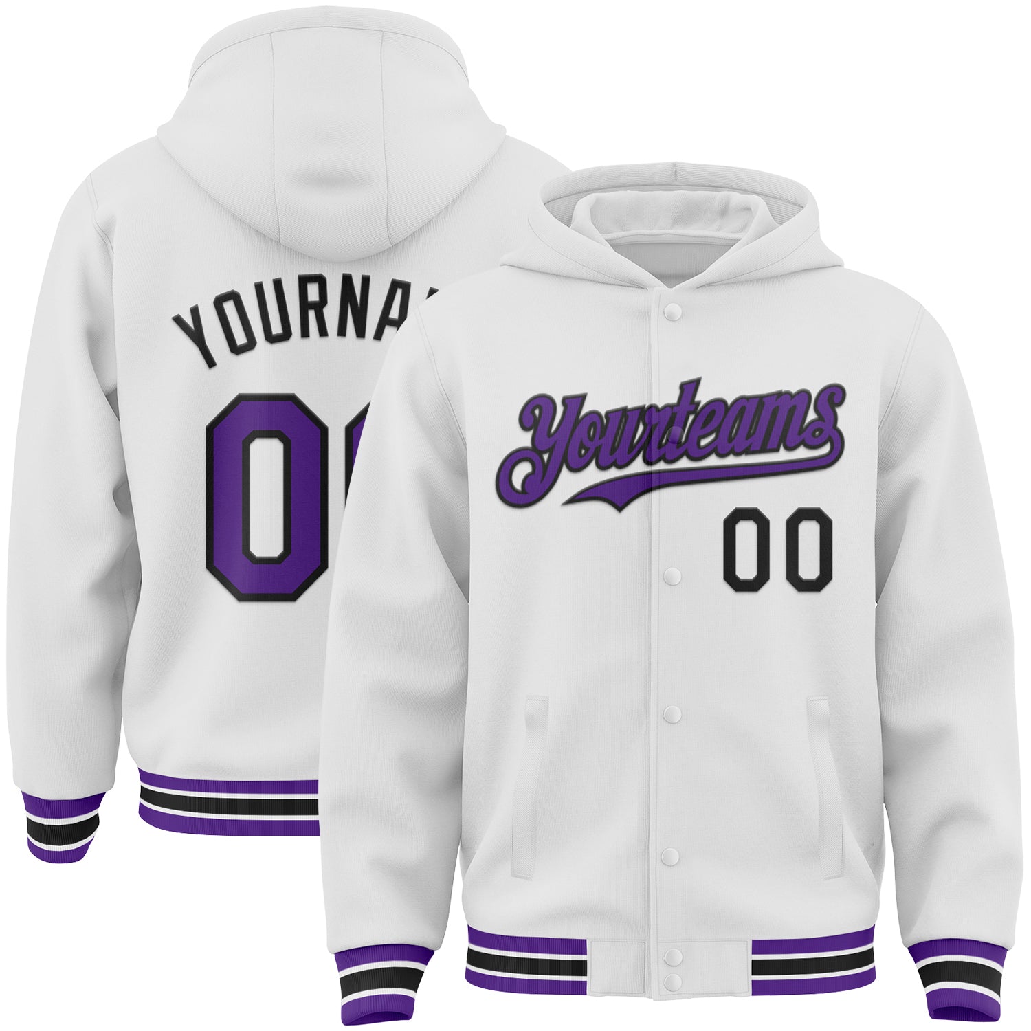 Custom White Purple-Black Bomber Full-Snap Varsity Letterman Hoodie Jacket - Main View
