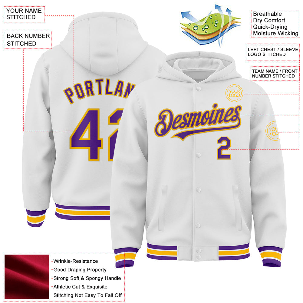 Custom White Purple-Gold Bomber Full-Snap Varsity Letterman Hoodie Jacket view 3