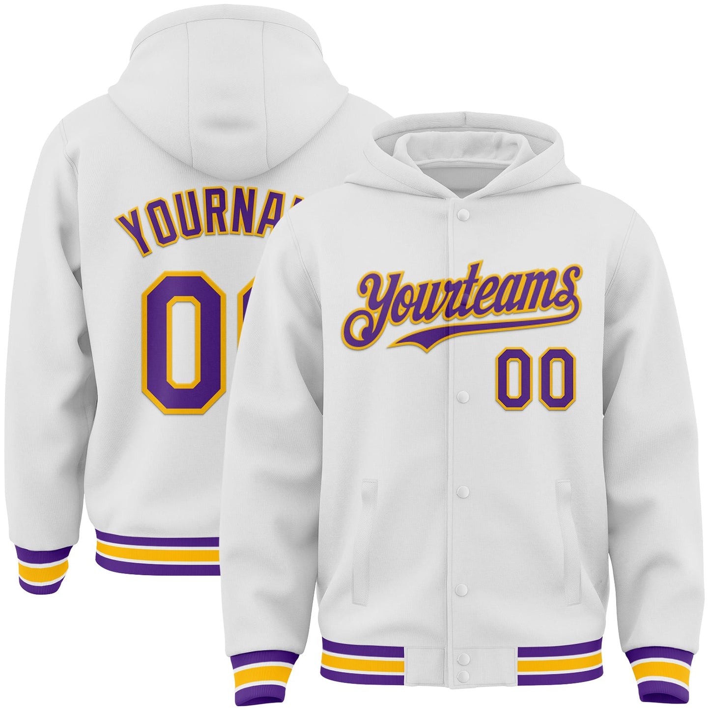 Custom White Purple-Gold Bomber Full-Snap Varsity Letterman Hoodie Jacket - Main View