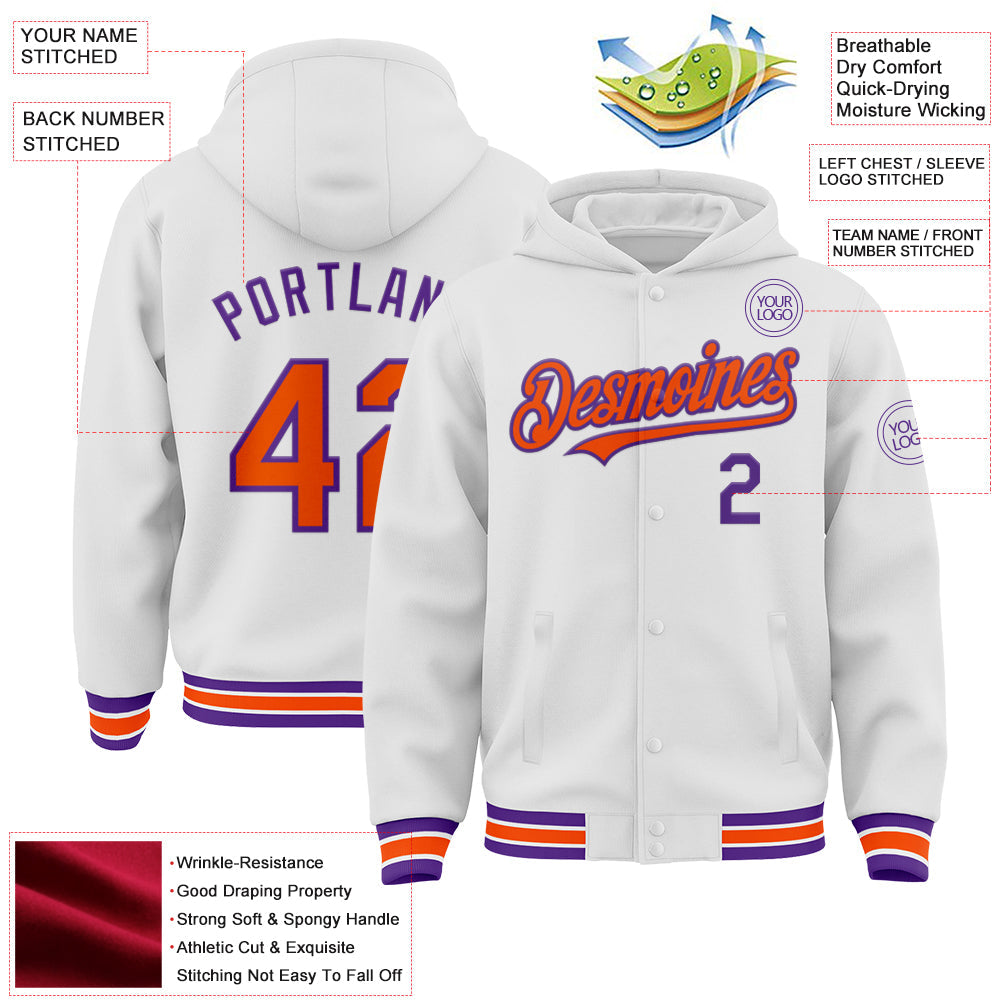 Custom White Orange-Purple Bomber Full-Snap Varsity Letterman Hoodie Jacket view 3