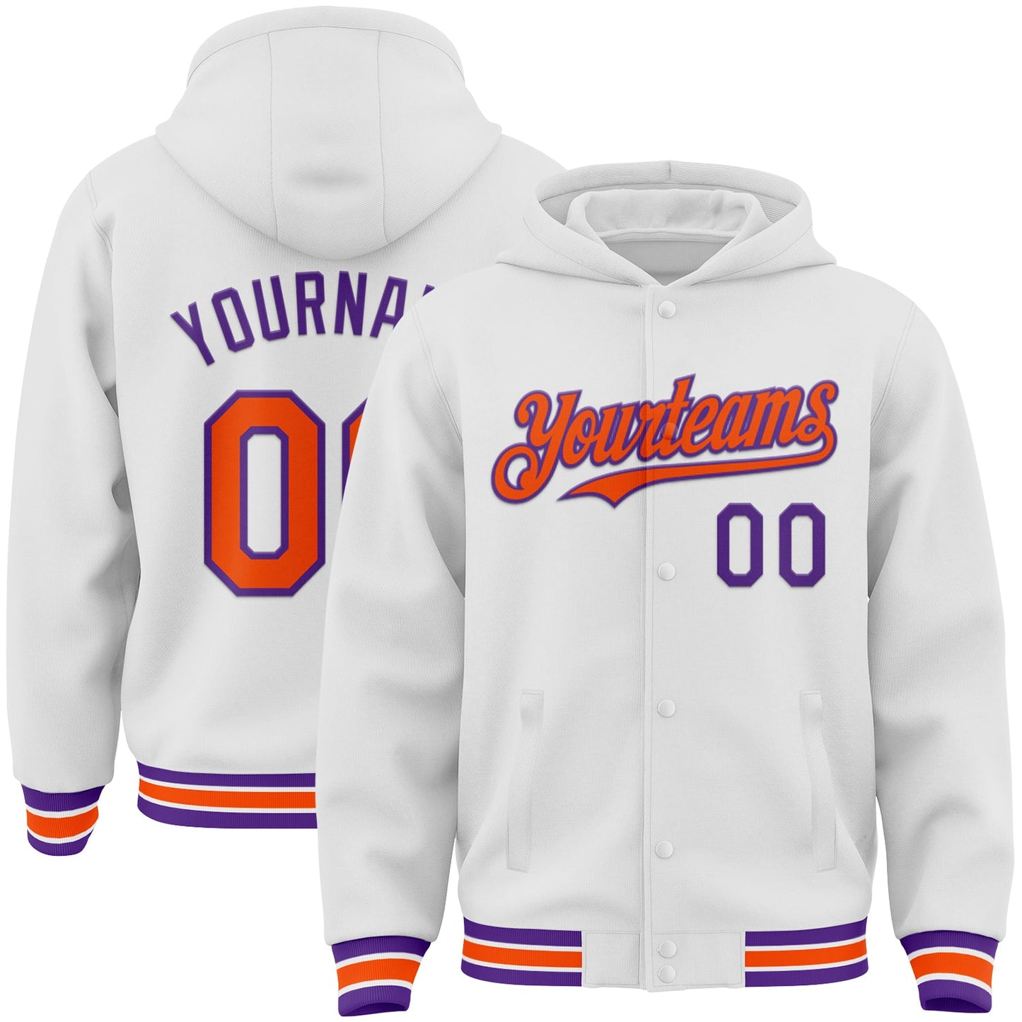 Custom White Orange-Purple Bomber Full-Snap Varsity Letterman Hoodie Jacket - Main View