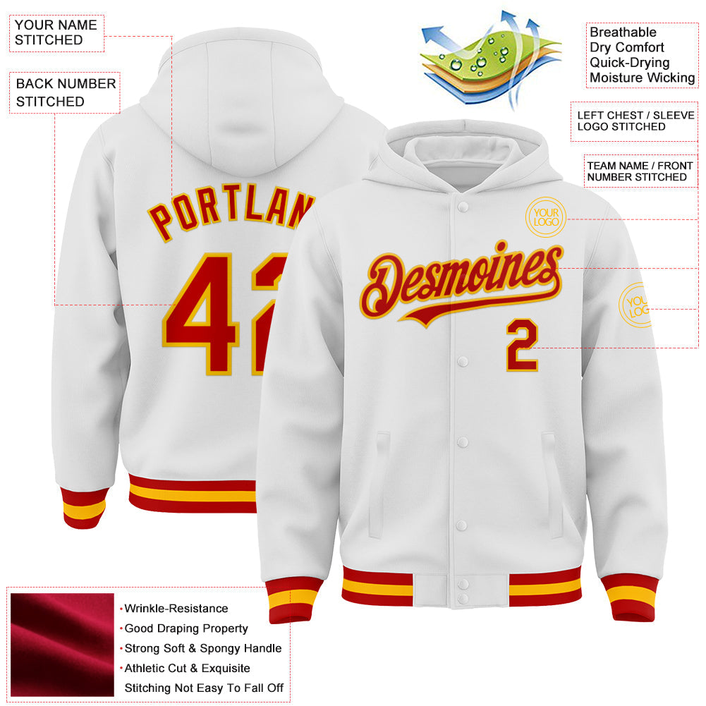 Custom White Red-Gold Bomber Full-Snap Varsity Letterman Hoodie Jacket view 3