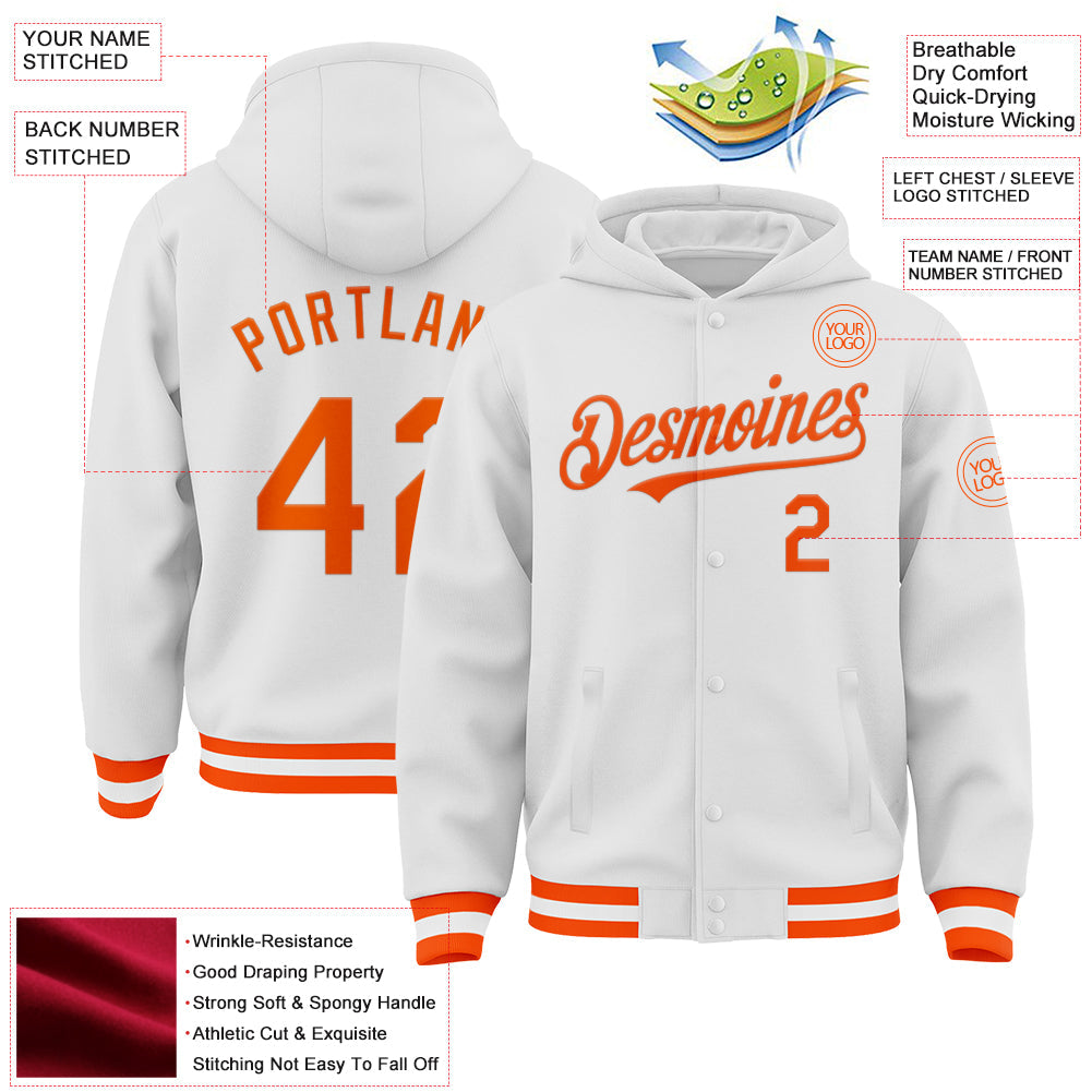 Custom White Orange Bomber Full-Snap Varsity Letterman Hoodie Jacket view 3