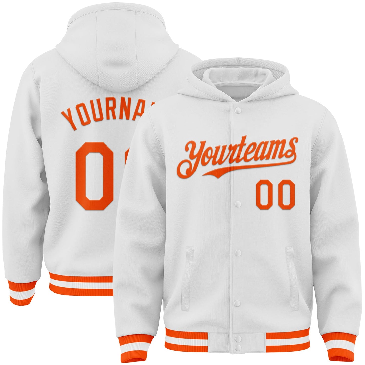Custom White Orange Bomber Full-Snap Varsity Letterman Hoodie Jacket - Main View