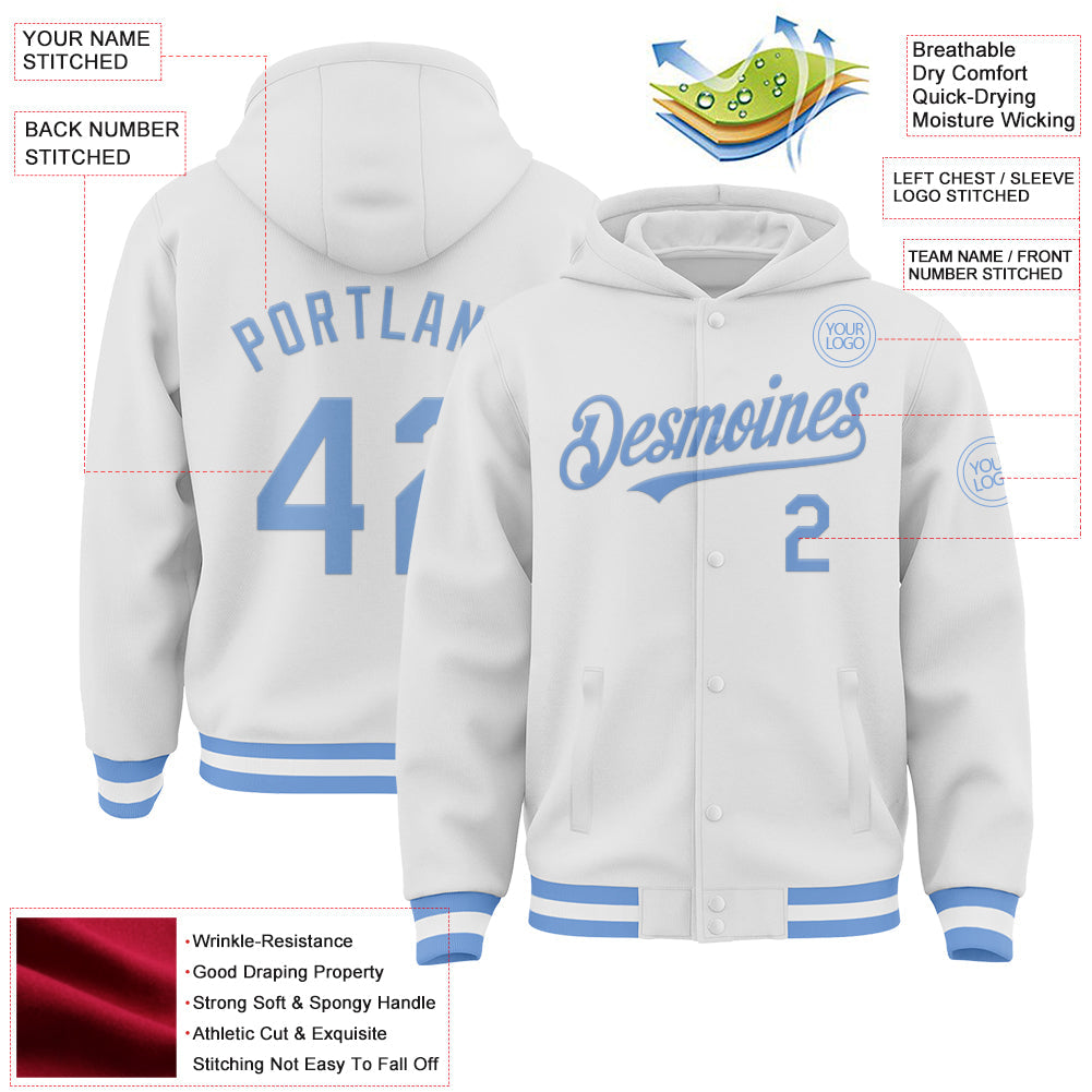 Custom White Light Blue Bomber Full-Snap Varsity Letterman Hoodie Jacket view 3