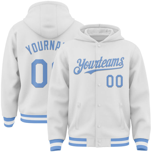 Custom White Light Blue Bomber Full-Snap Varsity Letterman Hoodie Jacket - Main View