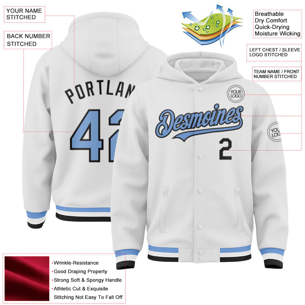 Custom White Light Blue-Black Bomber Full-Snap Varsity Letterman Hoodie Jacket view 3