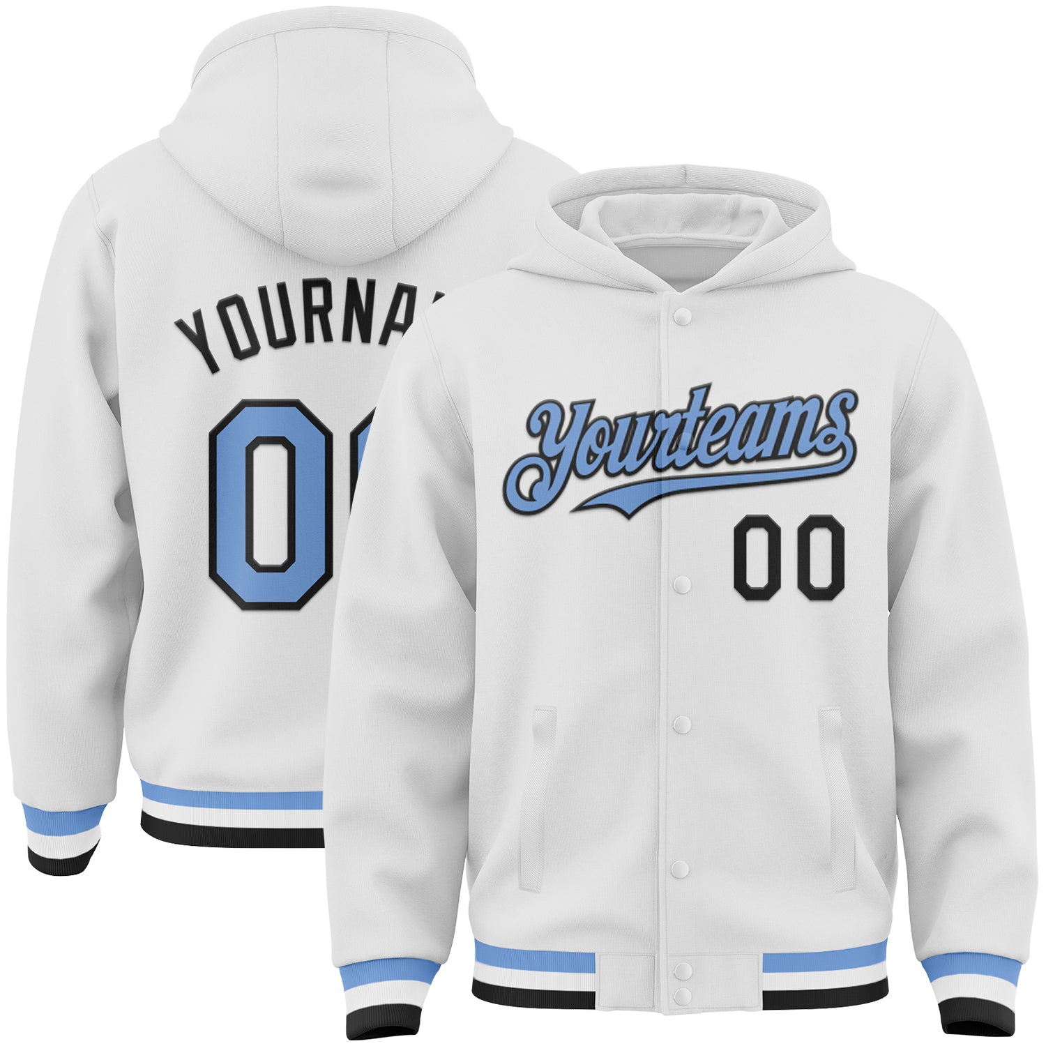 Custom White Light Blue-Black Bomber Full-Snap Varsity Letterman Hoodie Jacket - Main View