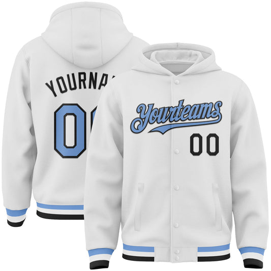 Custom White Light Blue-Black Bomber Full-Snap Varsity Letterman Hoodie Jacket - Main View