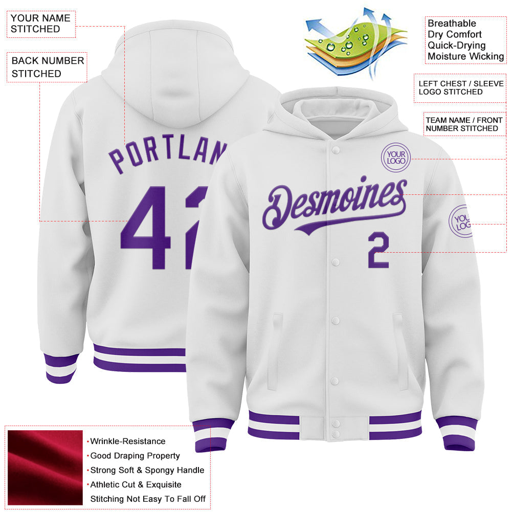 Custom White Purple Bomber Full-Snap Varsity Letterman Hoodie Jacket view 3