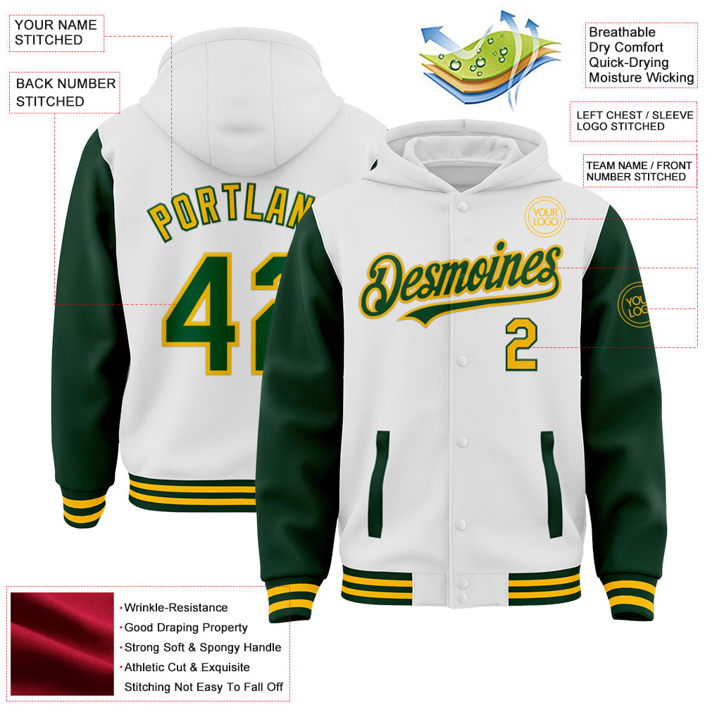 Custom White Green-Gold Bomber Full-Snap Varsity Letterman Two Tone Hoodie Jacket view 3