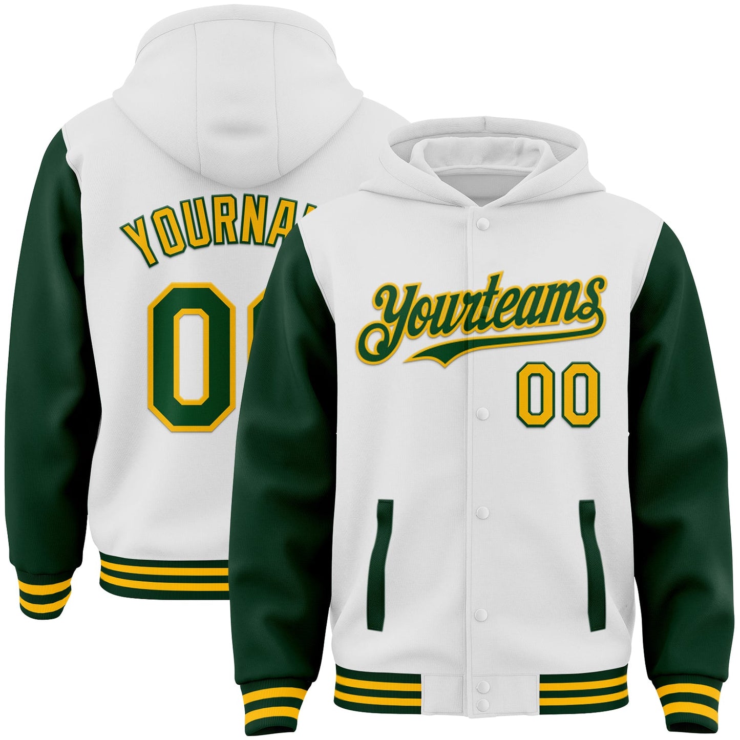 Custom White Green-Gold Bomber Full-Snap Varsity Letterman Two Tone Hoodie Jacket - Main View