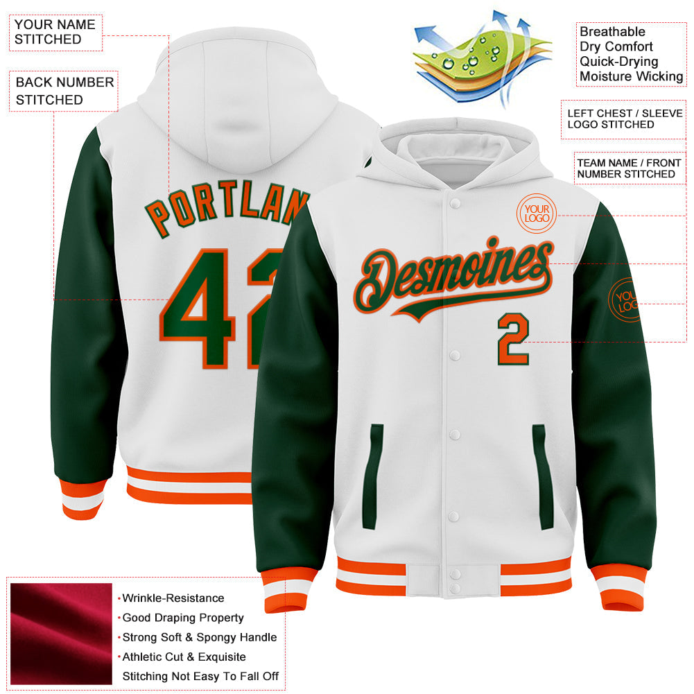 Custom White Green-Orange Bomber Full-Snap Varsity Letterman Two Tone Hoodie Jacket view 3