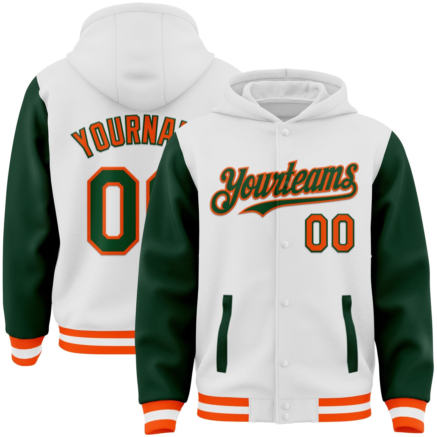 Custom White Green-Orange Bomber Full-Snap Varsity Letterman Two Tone Hoodie Jacket - Main View