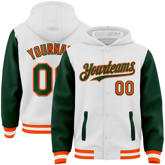 Custom White Green-Orange Bomber Full-Snap Varsity Letterman Two Tone Hoodie Jacket - Main View
