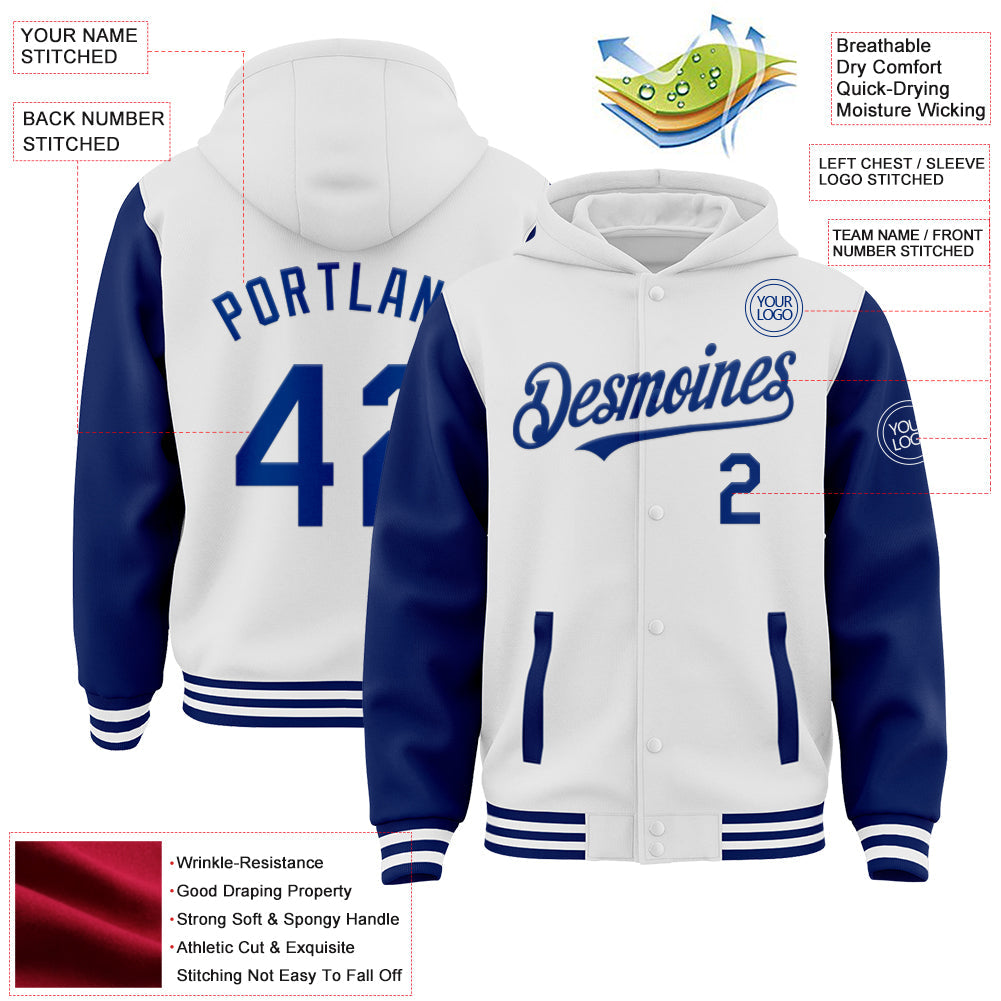 Custom White Royal Bomber Full-Snap Varsity Letterman Two Tone Hoodie Jacket view 3