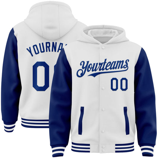 Custom White Royal Bomber Full-Snap Varsity Letterman Two Tone Hoodie Jacket - Main View