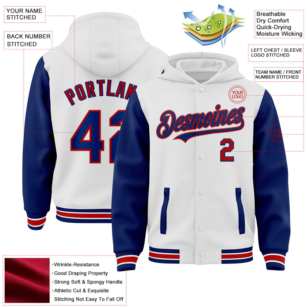 Custom White Royal-Red Bomber Full-Snap Varsity Letterman Two Tone Hoodie Jacket view 3