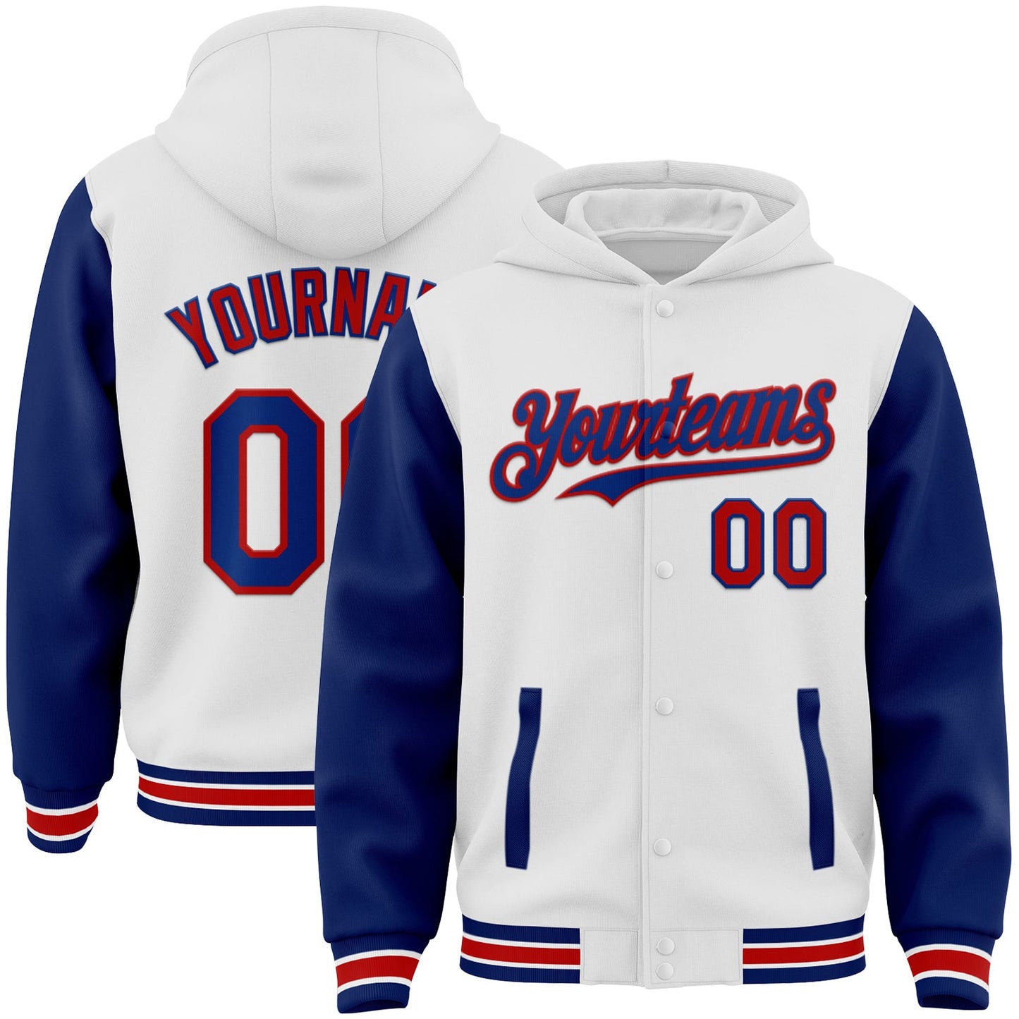 Custom White Royal-Red Bomber Full-Snap Varsity Letterman Two Tone Hoodie Jacket - Main View