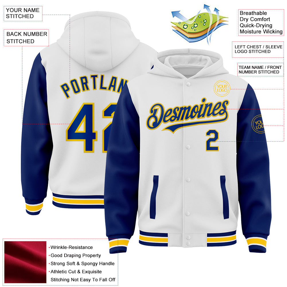 Custom White Royal-Yellow Bomber Full-Snap Varsity Letterman Two Tone Hoodie Jacket view 3