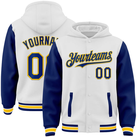 Custom White Royal-Yellow Bomber Full-Snap Varsity Letterman Two Tone Hoodie Jacket - Main View