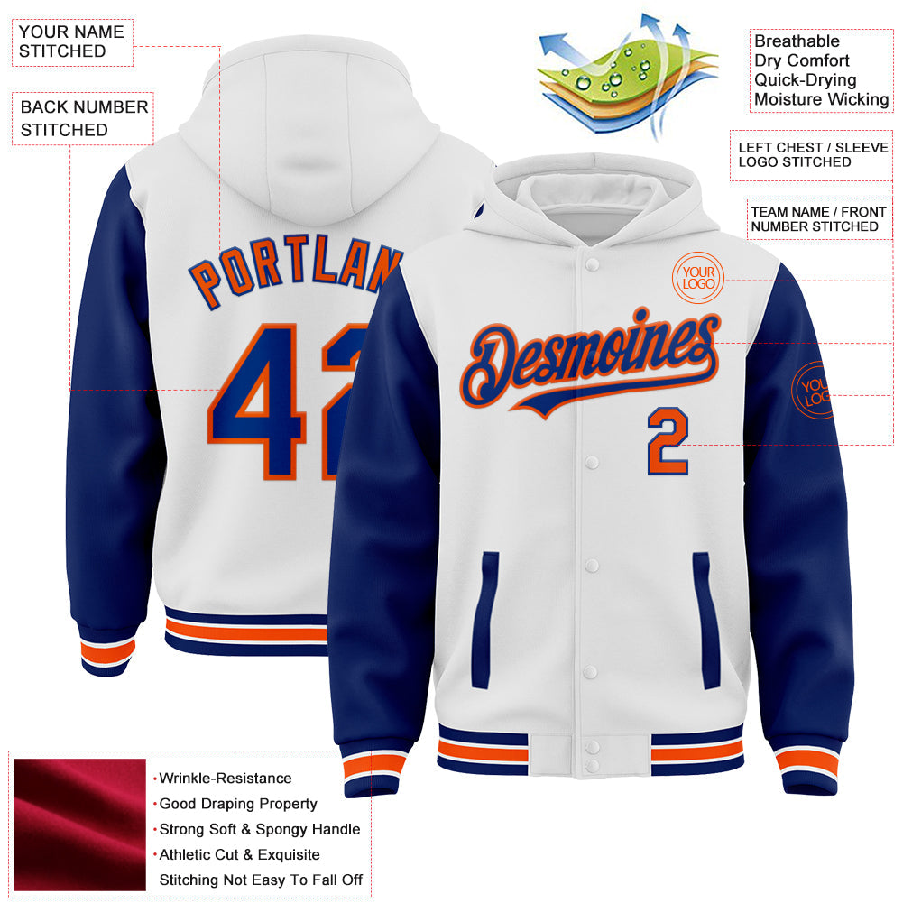 Custom White Royal-Orange Bomber Full-Snap Varsity Letterman Two Tone Hoodie Jacket view 3