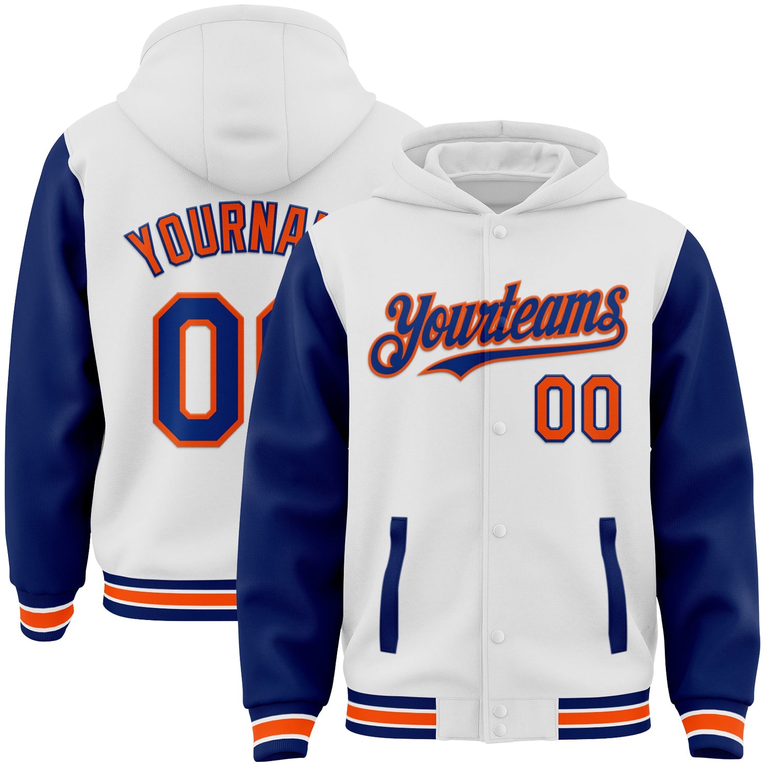 Custom White Royal-Orange Bomber Full-Snap Varsity Letterman Two Tone Hoodie Jacket - Main View