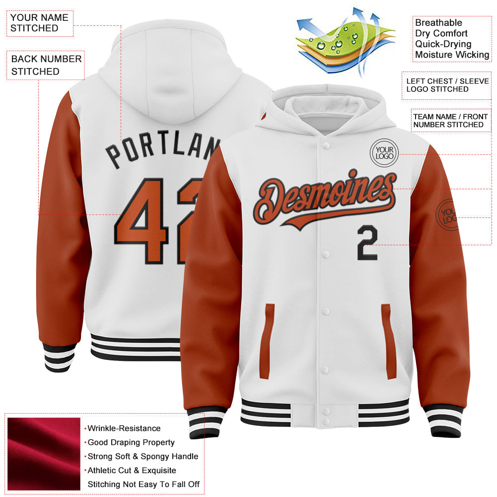 Custom White Texas Orange-Black Bomber Full-Snap Varsity Letterman Two Tone Hoodie Jacket view 3