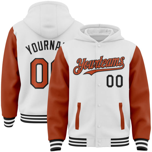 Custom White Texas Orange-Black Bomber Full-Snap Varsity Letterman Two Tone Hoodie Jacket - Main View