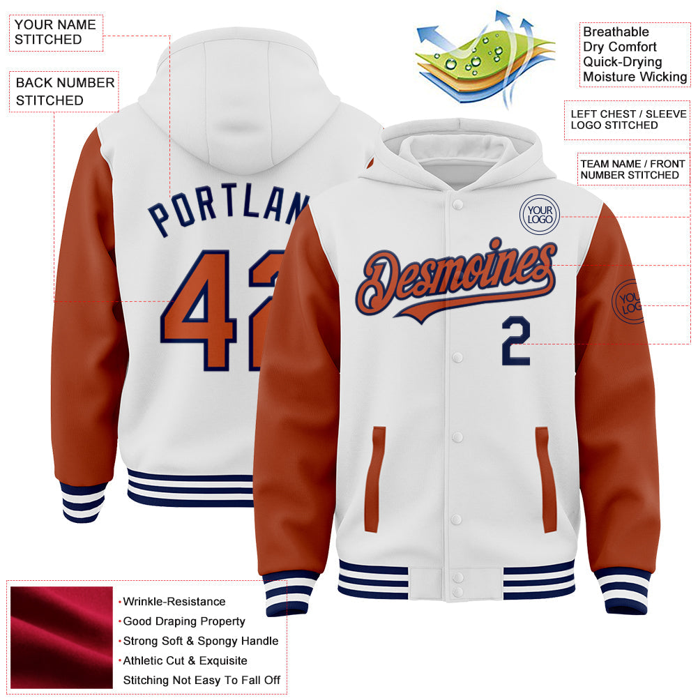 Custom White Texas Orange-Navy Bomber Full-Snap Varsity Letterman Two Tone Hoodie Jacket view 3
