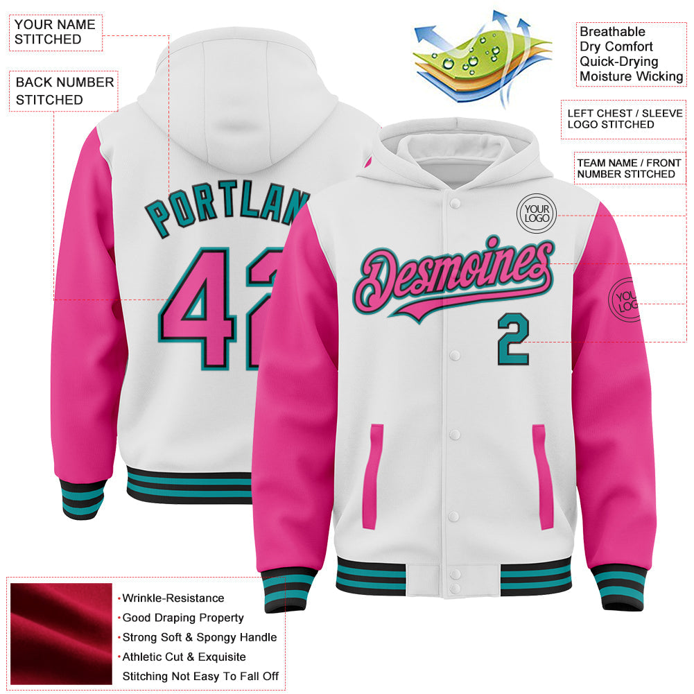 Custom White Pink Black-Teal Bomber Full-Snap Varsity Letterman Two Tone Hoodie Jacket view 3