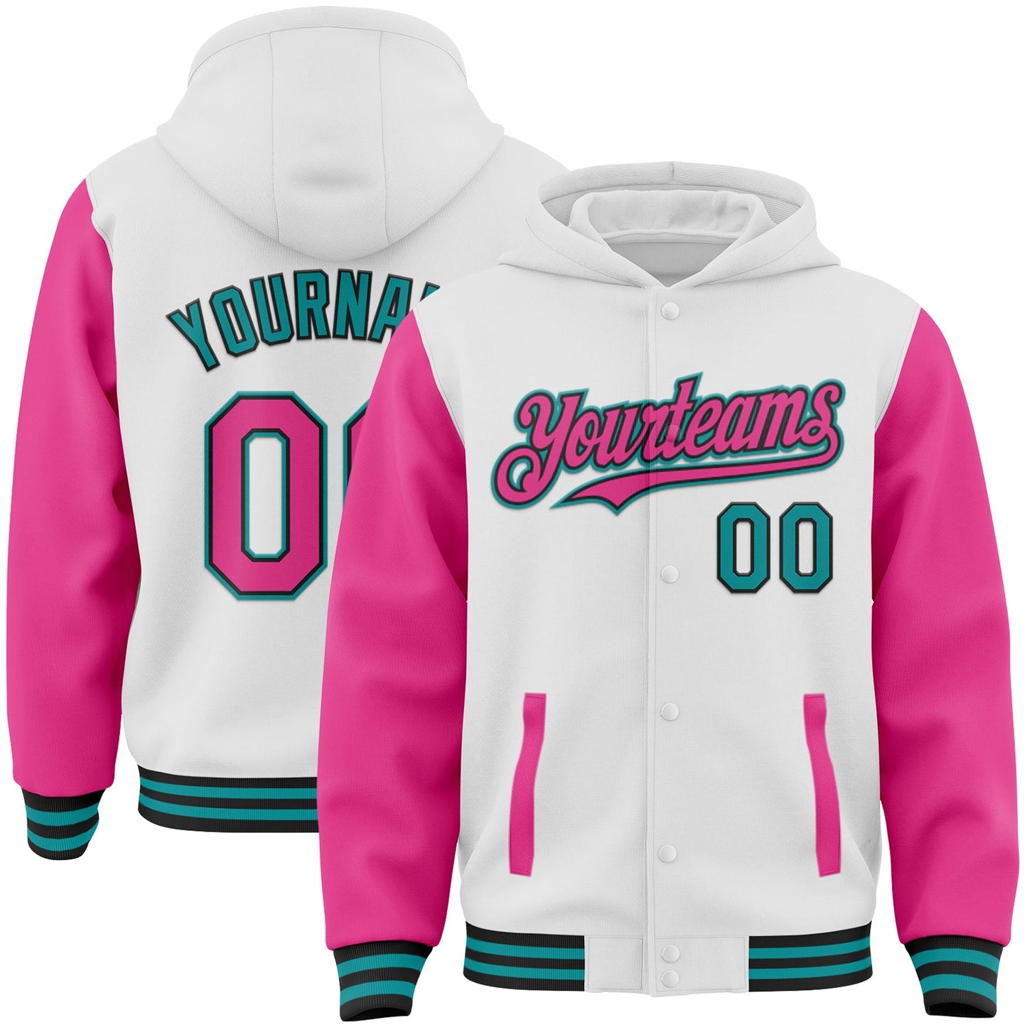 Custom White Pink Black-Teal Bomber Full-Snap Varsity Letterman Two Tone Hoodie Jacket - Main View