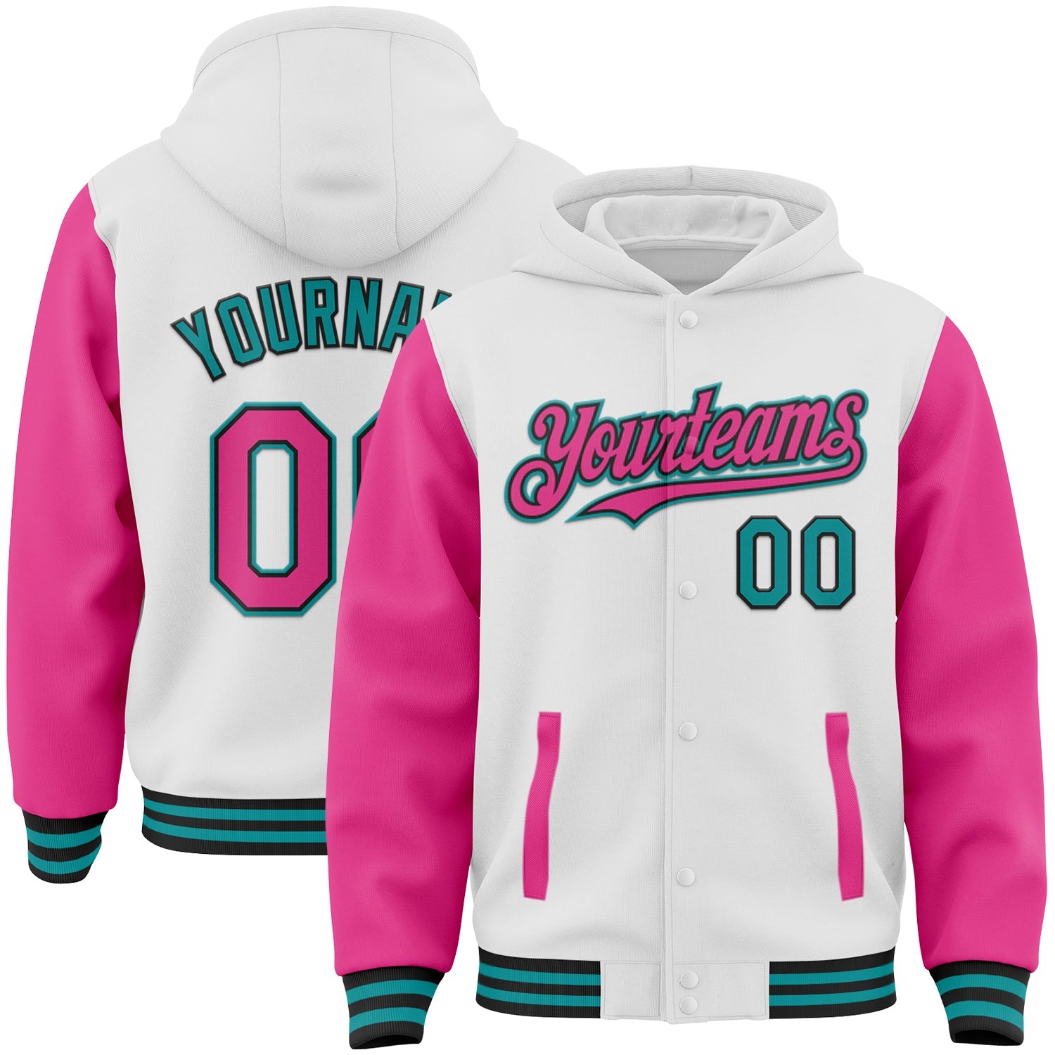 Custom White Pink Black-Teal Bomber Full-Snap Varsity Letterman Two Tone Hoodie Jacket - Main View