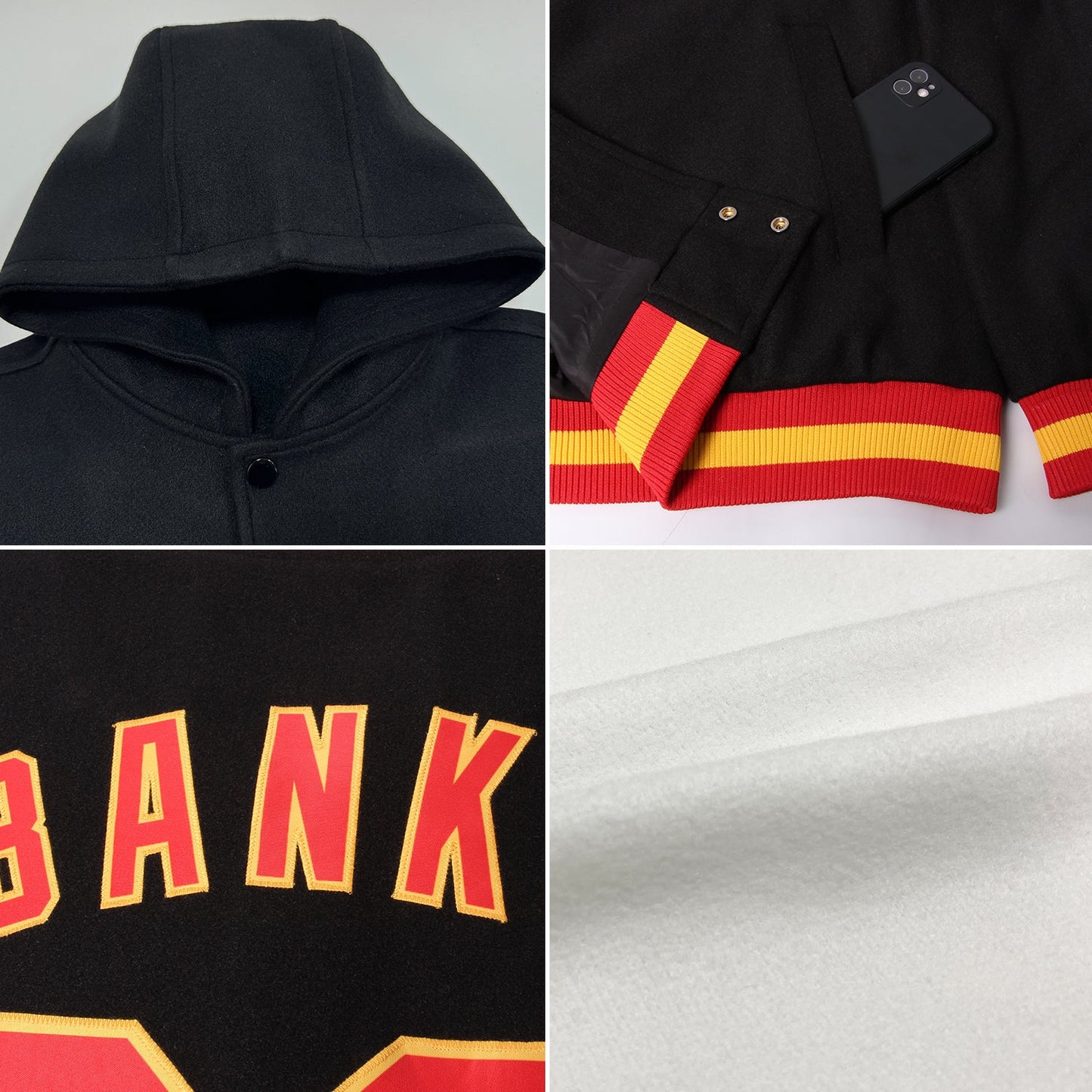 Custom White Pink Black-Neon Green Bomber Full-Snap Varsity Letterman Two Tone Hoodie Jacket view 2