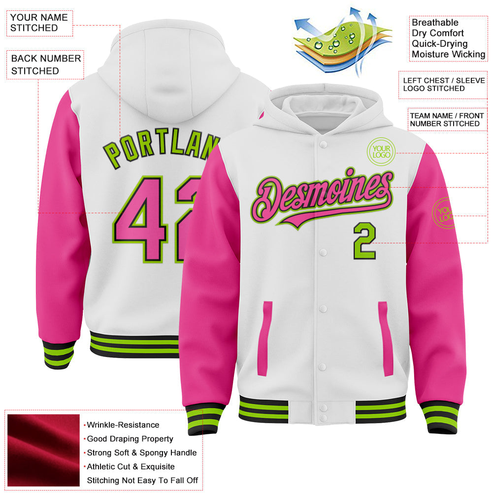 Custom White Pink Black-Neon Green Bomber Full-Snap Varsity Letterman Two Tone Hoodie Jacket view 3