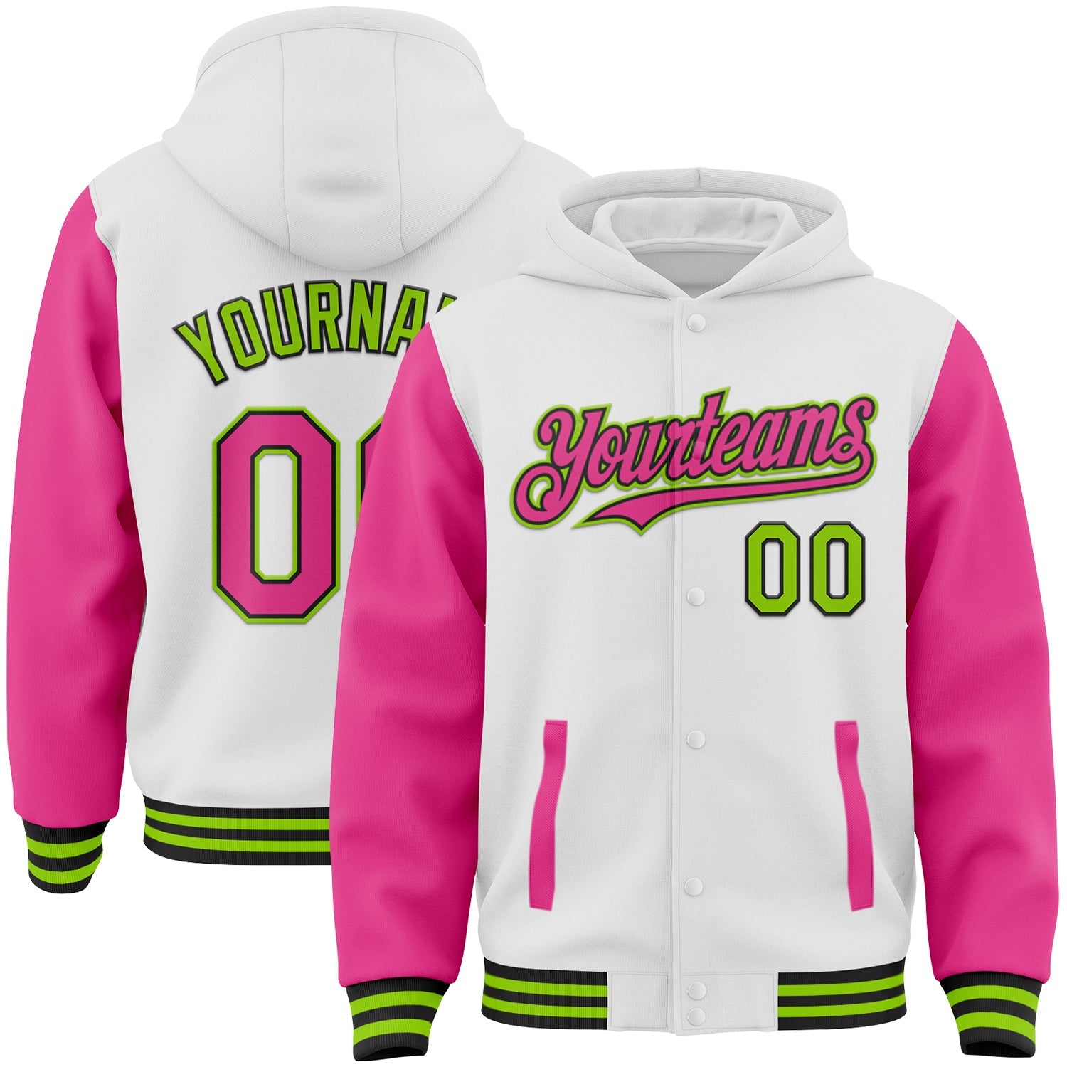 Custom White Pink Black-Neon Green Bomber Full-Snap Varsity Letterman Two Tone Hoodie Jacket - Main View