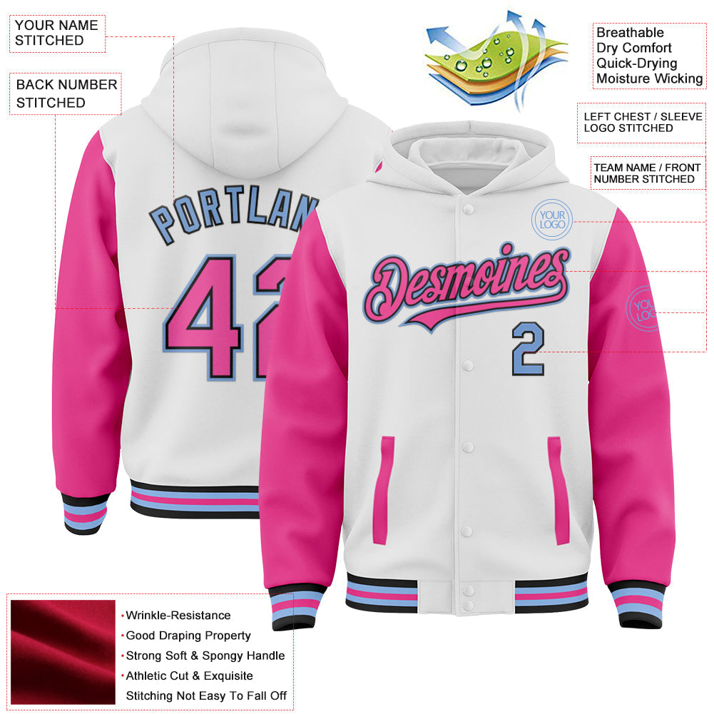 Custom White Pink Black-Light Blue Bomber Full-Snap Varsity Letterman Two Tone Hoodie Jacket view 3
