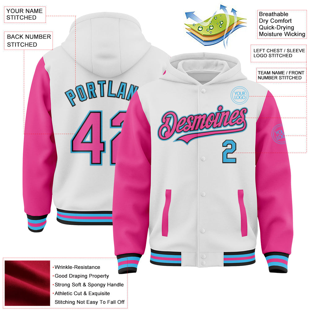 Custom White Pink Black-Sky Blue Bomber Full-Snap Varsity Letterman Two Tone Hoodie Jacket view 3