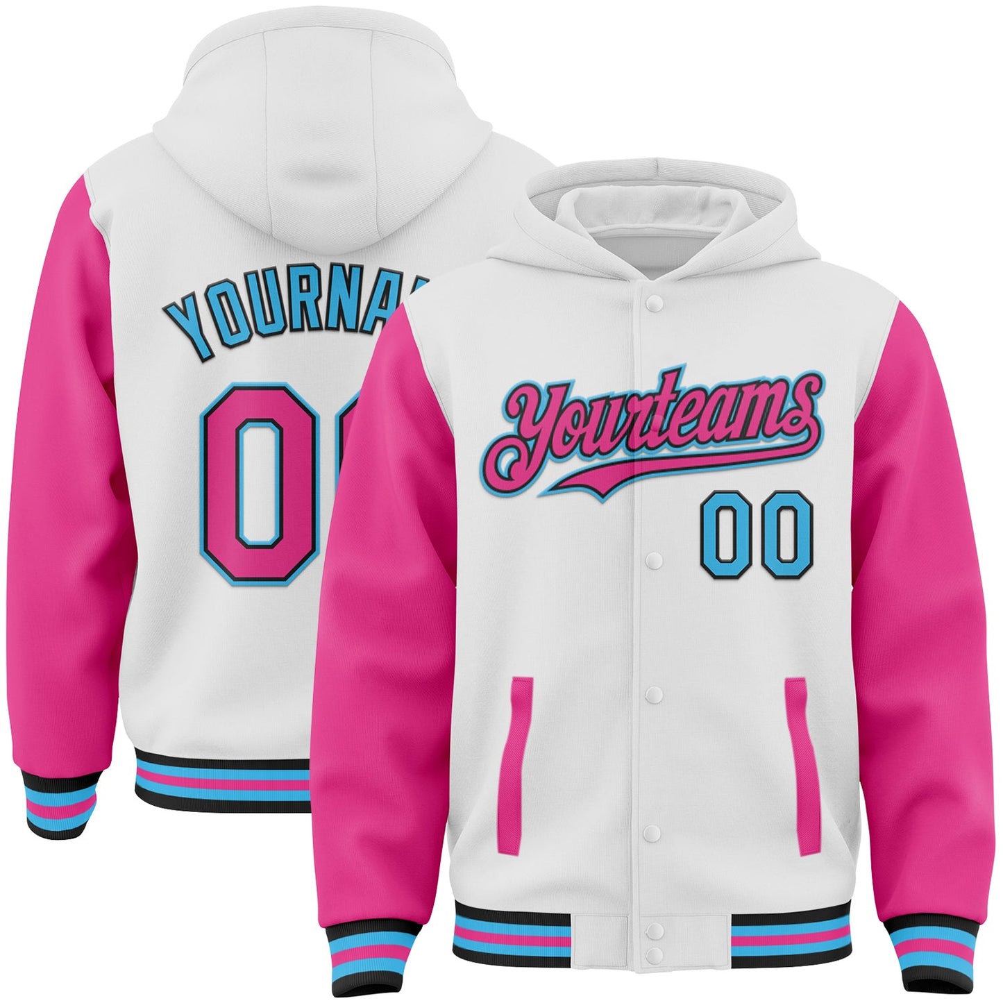 Custom White Pink Black-Sky Blue Bomber Full-Snap Varsity Letterman Two Tone Hoodie Jacket - Main View